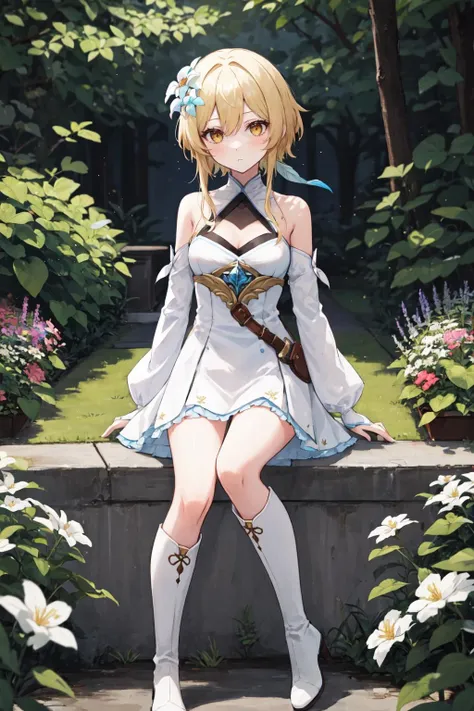 highres, highest quallity, 1girl, adult, solo_focus, solo, lumine, blonde hair, flower, hair between eyes, hair flower, hair ornament, short hair, short hair with long locks, sidelocks, yellow eyes, boots, detached sleeves, dress, thigh boots, white dress, white feathers, white flower, white footwear, garden,