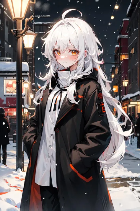 highres, highest quallity, 1girl, adult, solo, solo_focus, light, white_hair, ahoge, orange_eyes, red_theme, black_coat, braid, shy, blush, snowing, night, snow, street, city, white_shirt, black_pants,