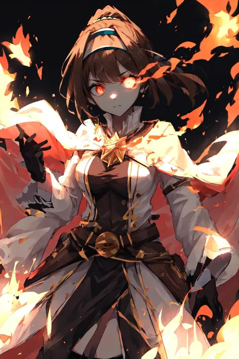 highres, highest quallity, 1girl, adult, solo, solo_focus, brown_hair, night, ponytail, medium breasts, belt, black_hairband, bridge, white loincloth, brown_gloves, (flaming eye:1.2), eye trail, flaming_hand, glowing eyes, burning, magician