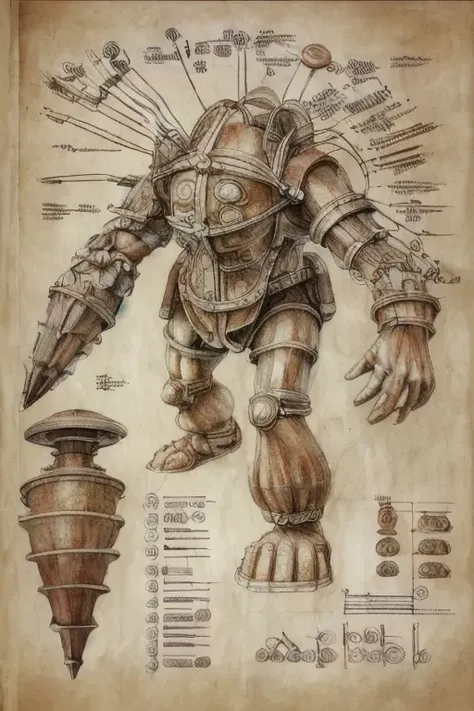 (color:1.3) ( anatomy study book diagram:1.2), (disassembled bigdaddy parts diagrams and descriptions:1.1) , by leonardo davinci, , illustration on papyrus, detailed pencil draw stroke texture, leonardo davinci pencil sketch style <lora:bigdaddy:0.7>