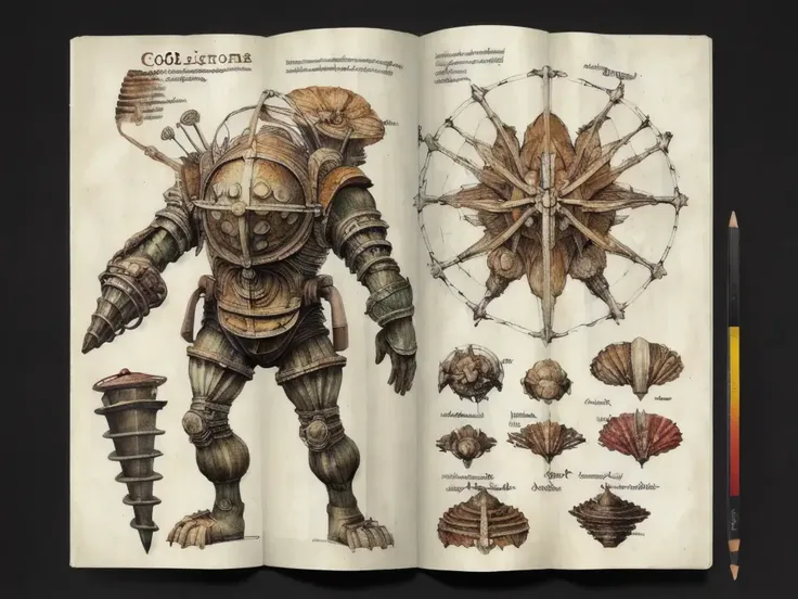 (color:1.3) ( anatomy study book :1.2), (disassembled bigdaddy parts diagrams and descriptions:1.1) , ( by leonardo davinci:1.2), , rust, (illustration on papyrus:1.4), detailed pencil draw stroke texture, leonardo davinci pencil sketch style <lora:bigdaddy:0.75>