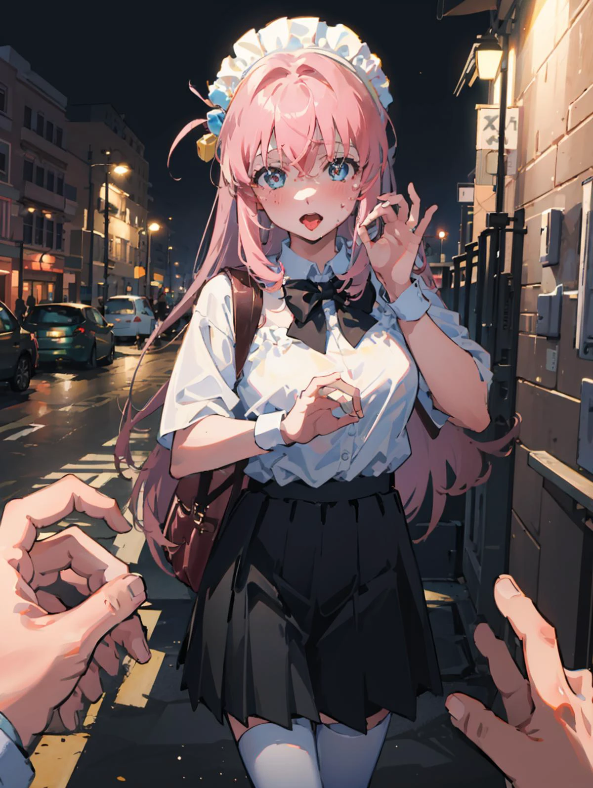 masterpiece, best quality, solo focus,8k,HDR,wallpaper,1girl,solo,camera pov,Bmaid,black ice cube,nervous,<lora:2335LoraLightStyle_10:1>,(one hand lifting skirt),show pants,heart-shaped pupils,pose,standing, <lora:gotHitoriBocchiBocchi_v10:1>,hyperfocal, <lora:fellatioGestureTest_v10:1>,ok sign,