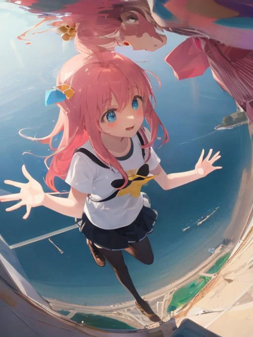 masterpiece,best quality,ultra-detailed, ray tracing,perfect lighting,(from above:1.2),Bshirt,cube hair ornament, gibson les paul,
1 girl,jumping, from below,
reflection, <lora:BOKI:1>