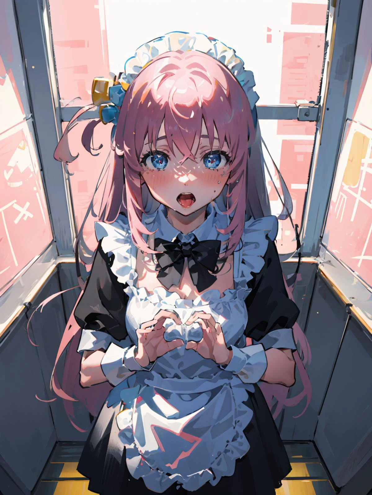 masterpiece, best quality, solo focus,8k,HDR,wallpaper,1girl,solo,camera pov,close up shot,Bmaid,black ice cube,nervous,<lora:2335LoraLightStyle_10:1>,heart-shaped pupils,pose,standing, <lora:gotHitoriBocchiBocchi_v10:1>,hyperfocal, <lora:fellatioGestureTest_v10:1>,ok sign, in the school,