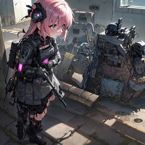 call of duty, (detailed intricate full cover tactical helmet:1.3), (pink hair), 1girl, solo, ray tracing, sun rays, dripping sweat, (masterpiece), (best quality), (detailed), light layer, lustrous skin, (detailed tactical gear:1.1), (body armor:1.1), combat pants, gloves, (simple background:1.1), haughty expression, solo focus,<lora:gotHitoriBocchiBocchi_v10:1>