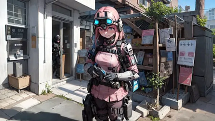 bocchi, style of titanfall, (detailed intricate full cover tactical helmet:1.3), (pink hair), cowboy shot, (dynamic pose), 1girl, solo, ray tracing, (masterpiece), (best quality), (detailed), (detailed tactical gear:1.1), (body armor:1.1), pants, gloves, (intricate background:1.1), <lora:gotHitoriBocchiBocchi_v10:1>