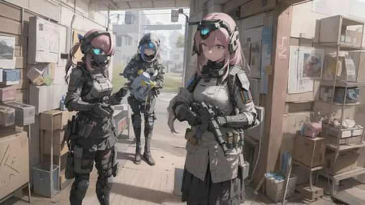 bocchi, style of titanfall, (detailed intricate full cover tactical helmet:1.3), (pink hair), cowboy shot, (dynamic pose), 1girl, solo, ray tracing, (masterpiece), (best quality), (detailed), (detailed tactical gear:1.1), (body armor:1.1), pants, gloves, (intricate background:1.1), <lora:gotHitoriBocchiBocchi_v10:1>