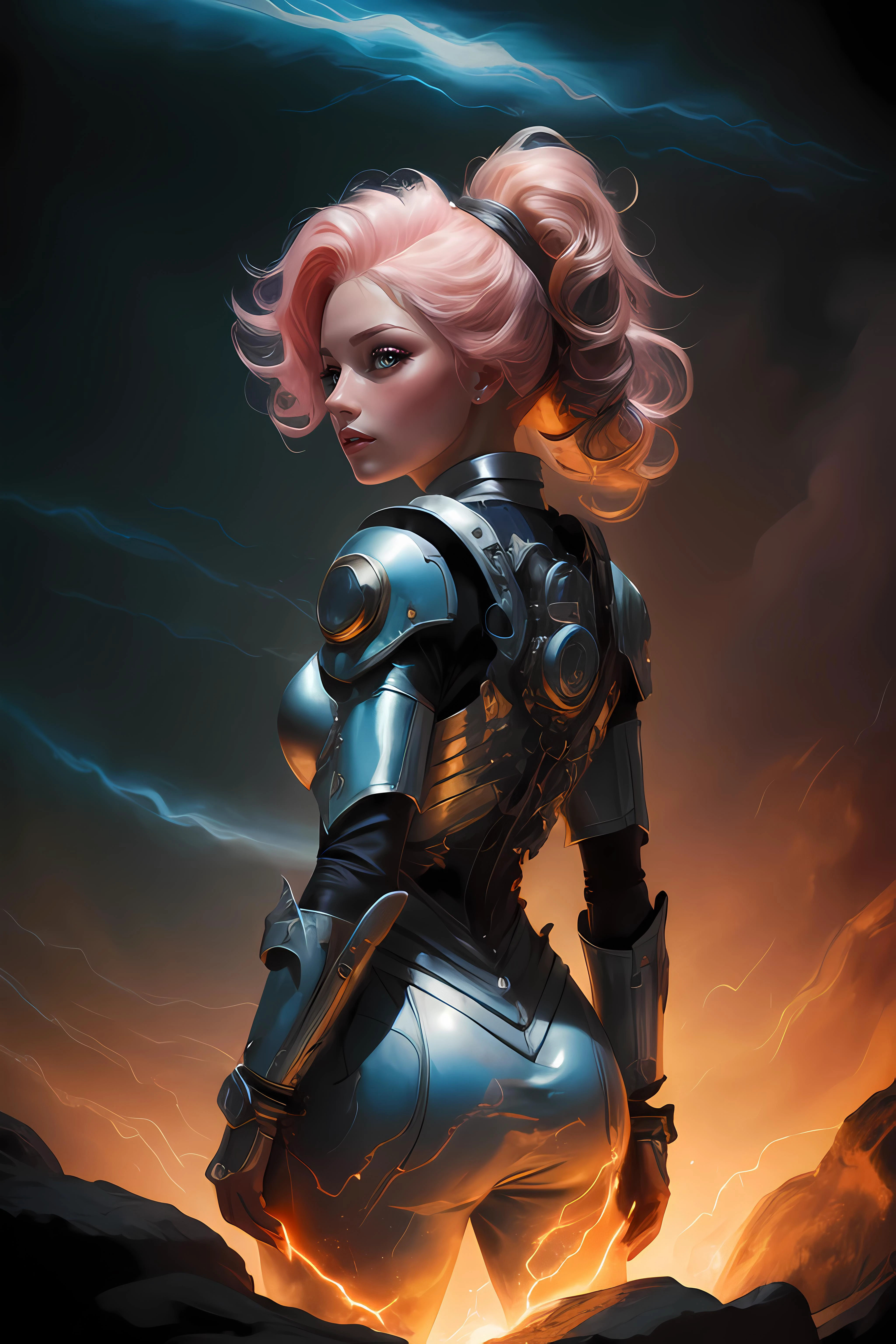 beautiful woman, back view, high quality, highres, absurdres, cinematic lighting, beautiful composition, single subject, detailed hand, style-swirlmagic, electricity, magic circle, pink hair, pink pupils, detailed face, beautiful face, <lora:Lightning:0.8> Lightning,glowing,electricity, purple theme, <lora:ass_support_v0.1:0.8> ass support, <lora:Dreamwave v2.5_8200:0.8> dreamwave, aesthetic, long hair, ponytail,