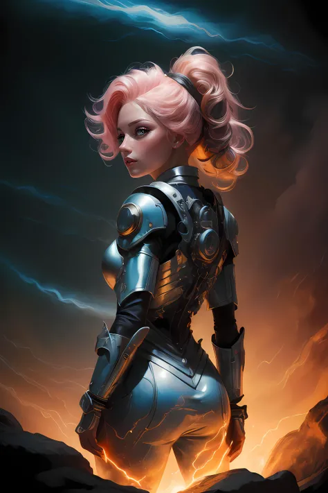 beautiful woman, back view, high quality, highres, absurdres, cinematic lighting, beautiful composition, single subject, detailed hand, style-swirlmagic, electricity, magic circle, pink hair, pink pupils, detailed face, beautiful face, <lora:Lightning:0.8> Lightning,glowing,electricity, purple theme, <lora:ass_support_v0.1:0.8> ass support, <lora:Dreamwave v2.5_8200:0.8> dreamwave, aesthetic, long hair, ponytail,