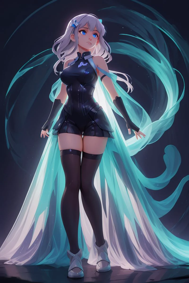 Masterpiece, best quality, amazing detail, absurdres, (Depression, ennui, deep in thought, sad), dark lighting, somber mood, 1girl, aircraft, airplane, airplane_wing, blue_eyes, breasts, elbow_gloves, fingerless_gloves, full_body, gloves, grey_hair, jet, large_breasts, leotard, long_hair, looking_at_viewer, mecha_musume, military, nail_polish, personification, solo, star_(symbol), stirrup_legwear, thighhighs, toeless_legwear curvy, large breasts, emo, BREAK
(twilight veil, merging realms, twilight hues, meeting point of light and darkness) <lora:HD Horizon v1_0:0.7> <lora:bioluminescent_dress-1.0:0.6> <lora:Emo:0.7>, <lora:Kid_Book:0.4> <lora:3D_Render_3DMM_V7:0.6> <lora:3D_Chibi_Blindbox:0.4>