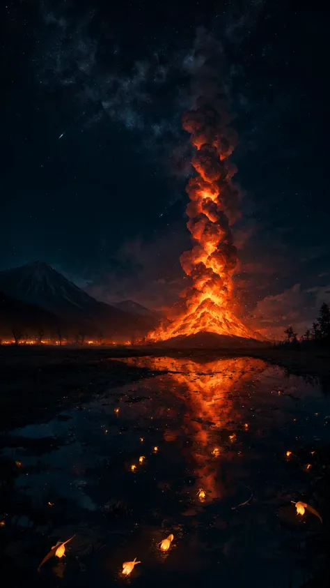 masterpiece, best quality, ((medieval)), night, fireflies, puddle, reflection, lighting, shadow, eruption, volcano, starlight, night sky, star \(sky\),