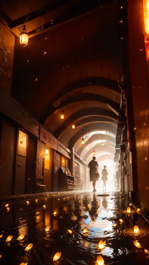 masterpiece, best quality, underground, scenery, fireflies, light rays, shadow, puddle,