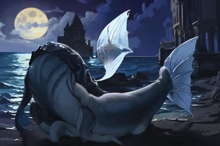 masterpiece, best quality, a (deep1full female) emerging from out of the ocean, teeth, night time, full moon<lora:deepone-beta1-000012:1>, stalliona, mermaid