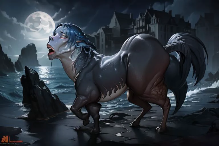 masterpiece, best quality, a (deep1full female) emerging from out of the ocean, teeth, night time, full moon<lora:deepone-beta1-000012:1>, stalliona, \Queen's Stallion\
