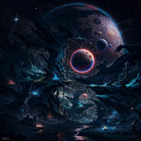 masterpiece, best quality, hyper realism, ultra detailed, absurdres, 8k
<lora:CosmicLandscapes:0.7> cosmiclandscapes, alien landscape, retro, mysterious, alien plants, strange growths, strange rock formations, river, mountains ,planet, star, neutron star, black hole, saturn, gas giant, galaxy, fog, tall spires