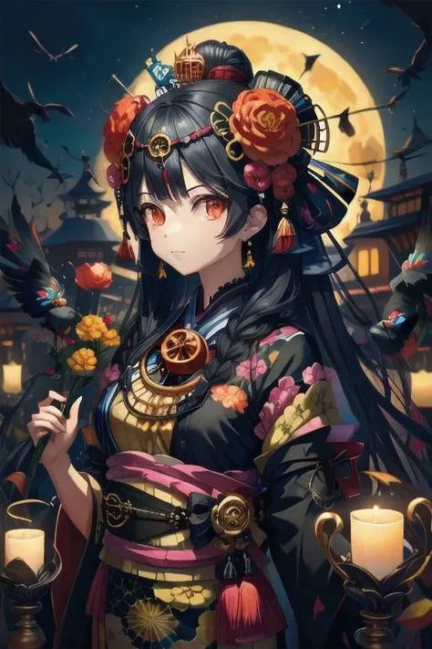 a black woman with red long straight hair and a full moon in the background with birds flying around her head and a full moon in the sky, kimono print with small skulls, vibrant make up, dark background, puzzle eyes, highly detailed