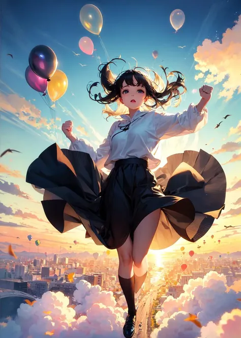 masterpiece, best quality, 1girl, falling from the sky, clouds, balloons, clenched fist