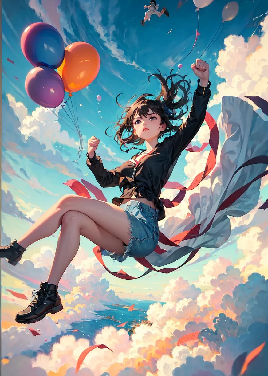 masterpiece, best quality, 1girl, falling from the sky, clouds, balloons, clenched fist