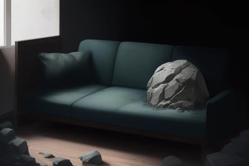 Large rock sitting on a couch, sad, depressed, useless