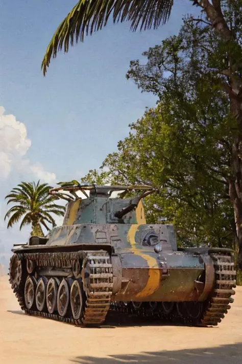 masterpiece,best quality,very aesthetic,absurdres,detailed background,detailed beautiful retro illust,palm tree,<lora:97shikikyuV1:0.8>,type97middletankoldturret,chihatan_emblem,