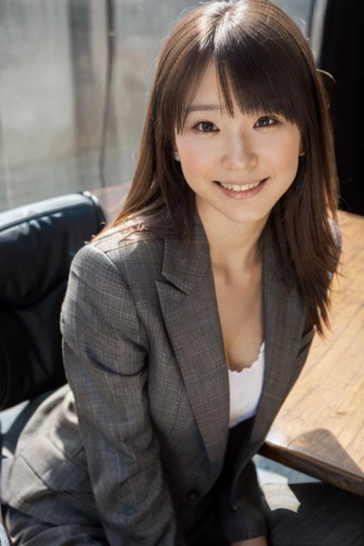 masterpiece, best quality, ultra high res, ultra detail, realistic, photorealistic, ultra realistic, professional lighting, depth of field, looking at viewer, hikari, 1girl, solo, 3d, dynamic pose, dynamic angle, extreme detailed face, smile, brown eyes, brown hair, long hair, small breasts, skinny body, business suit, office chair