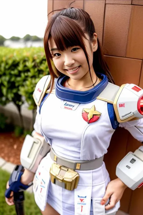 hikari, detailed face, best quality, photorealistic, realistic, photography, masterpiece, 8K, HDR, RAW photo, absurdres:1.2, film grain, high res,(skin dentation), (professional lighting, bokeh, lens flare), (vibrant color:1.2), gorgeous, bloom,(light particles, lens flare, glowing particles:0.6), 1girl, solo, depth of field, smile, medium breasts, standing,<lora:RX78_V1:0.4>, gundam\\(rx78\\), holding shield, mecha, robot, space