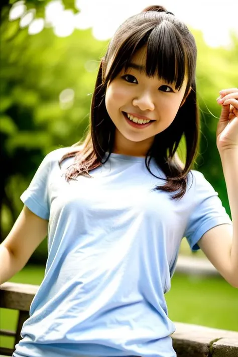 hikari, detailed face, best quality, photorealistic, photography, masterpiece, 8K, HDR, RAW photo, absurdres:1.2, film grain, high res,(skin dentation), (professional lighting, bokeh, lens flare), (vibrant color:1.2), gorgeous, bloom,(light particles, lens flare, glowing particles:0.6), 1girl, solo, depth of field, smile, medium breasts, shirt, standing, park background