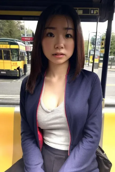 hikari, masterpiece, best quality, ultra high res, ultra detail, realistic, photorealistic, professional lighting, depth of field, 1girl, solo, looking at viewer, sharp focus, detailed face, upset, (pureerosface_v1:0.1), (vibrant color:1.2),skin texture, realistic skin texture, small breasts, wear business suite, outdoor, waiting for bus, at bus stop, upper body shot