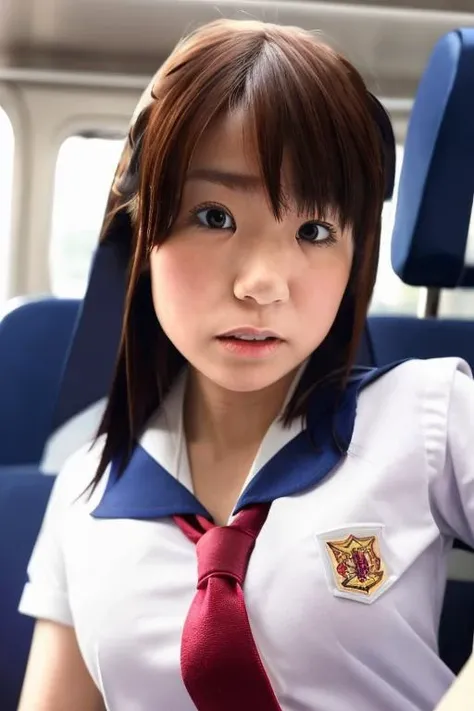 hikari, masterpiece, best quality, ultra high res, ultra detail, realistic, photorealistic, professional lighting, depth of field, 1girl, solo, looking at viewer, sharp focus, detailed face, upset, (pureerosface_v1:0.1), (vibrant color:1.2),skin texture, realistic skin texture, small breasts, wearing school uniform, inside train