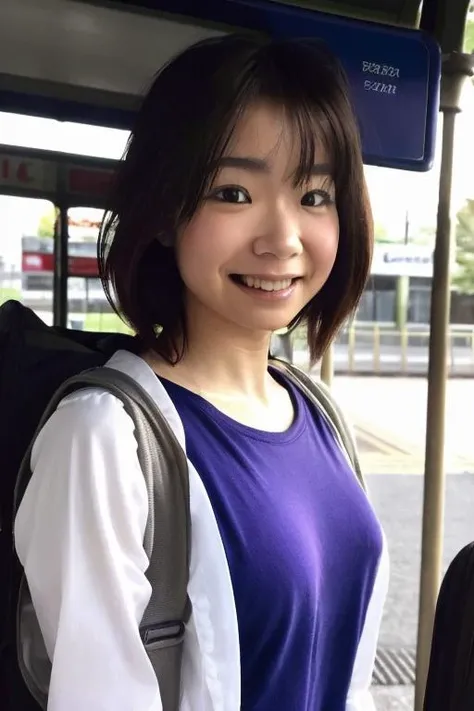hikari, masterpiece, best quality, ultra high res, ultra detail, realistic, photorealistic, professional lighting, depth of field, 1girl, solo, looking at viewer, sharp focus, detailed face, smile, (pureerosface_v1:0.1), (vibrant color:1.2),skin texture, realistic skin texture, small breasts, wear business suite, outdoor, waiting for bus, at bus stop, upper body shot