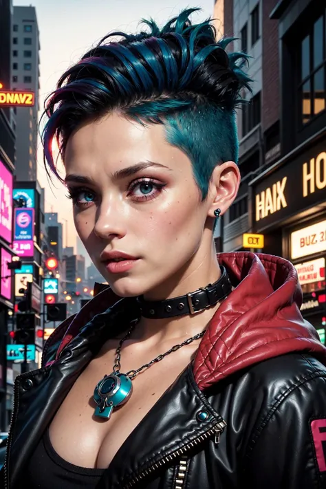 A girl with short multicolored pink teal and blue hair faux hawk style, red eyes, outdoors, cyberpunk city, she has shaved hair, mohawk style FemShortHair