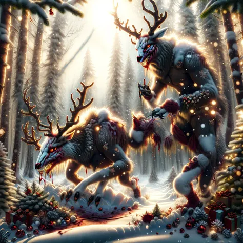 solo, Wendigo reindeer monster, antlers, teeth, bright red nose, winter, snow, christmas trees, snowing, masterpiece, best quality, ultra-detailed, shadows, contrast, analog style, (skin texture:1.1) (film grain:1.3), (warm hue, warm tone:1.2), cinematic light, sidelighting, ultra high res, best shadow, RAW, <lora:ChristmasDecorativeStyle:1> ChristmasDecorativeStyle, wearing a santa hat <lora:Wendigo_v01:0.6> Wendigo, Bloody, closeup, winter forest