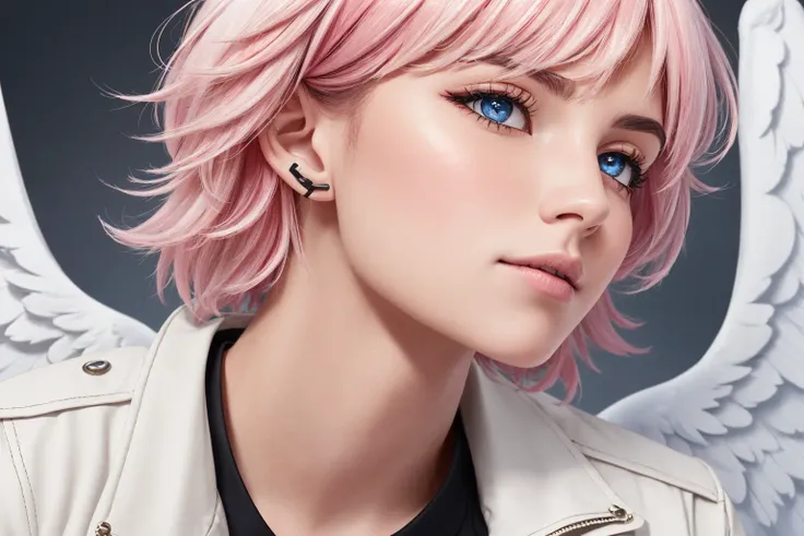 (masterpiece, best quality, ultra-detailed, highres), ((1boy, male focus)), solo, mature skin, stubble, facial hair, beard, long beard, ((pale skin)), (cat ears, animal ears), ((hair over ears)), ((two tone white and pink hair)),((brown eyes)), eyes, nose, closed mouth, blue tshirt, shirt, leather jacket, open jacket, wild hair, short hair, (angel wings), depth_of_field, very detailed background, extreme light and shadow,(detailed eyes), (detailed skin), lustrous skin,(bloom), (shine), (detailed fabric), (beautiful) beautiful detailed eyes, perfect lighting , perfect anatomy, upper body, [bottle bottom], dynamic angle, pov