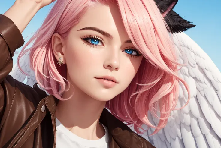 (masterpiece, best quality, ultra-detailed, highres),1boy, male focus, solo, mature skin, stubble, facial hair, beard, long beard, ((pale skin)), (cat ears, animal ears),((two tone white and pink hair)), old age, elderly face, wrinkled skin, ((age 65)), ((brown eyes)), blue tshirt, leather jacket, open jacket, wild hair, short hair, (angel wings), depth_of_field, very detailed background, extreme light and shadow,(detailed eyes), (detailed skin), lustrous skin,(bloom), (shine), (detailed fabric), (beautiful) beautiful detailed eyes, perfect lighting , perfect anatomy, upper body, [bottle bottom], dynamic angle, pov