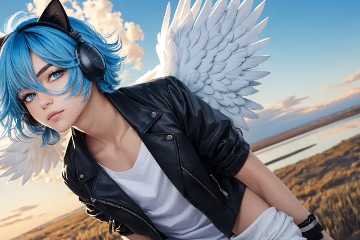 (masterpiece, best quality, ultra-detailed, highres, masculine), ((1boy, male focus, solo)), ((brown eyes)), eyes, nose, closed mouth,((two tone blue hair)),((pale skin)), mature skin, stubble, facial hair, beard, long beard,(cat ears, animal ears), (covered ears), ((hair over ears)),,blue tshirt, shirt, leather jacket, open jacket, wild hair, short hair, (angel wings), depth_of_field, very detailed background, extreme light and shadow,(detailed eyes), (detailed skin), lustrous skin,(bloom), (shine), (detailed fabric), (beautiful) beautiful detailed eyes, perfect lighting , full body,  perfect anatomy,[bottle bottom], dynamic angle,