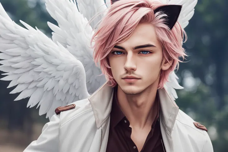 (masterpiece, best quality, ultra-detailed, highres), ((1boy, male focus)), solo, mature skin, stubble, facial hair, beard, long beard, ((pale skin)), (cat ears, animal ears),((two tone white and pink hair)),((brown eyes)), eyes, nose, closed mouth, blue tshirt, shirt, leather jacket, open jacket, wild hair, short hair, (angel wings), depth_of_field, very detailed background, extreme light and shadow,(detailed eyes), (detailed skin), lustrous skin,(bloom), (shine), (detailed fabric), (beautiful) beautiful detailed eyes, perfect lighting , perfect anatomy, upper body, [bottle bottom], dynamic angle, pov