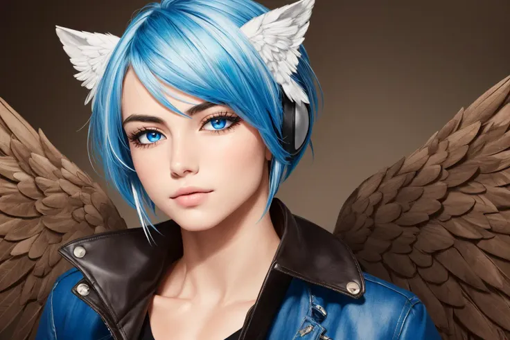 (masterpiece, best quality, ultra-detailed, highres, masculine), ((1boy, male focus)), solo, mature skin, stubble, facial hair, beard, long beard, ((pale skin)), (cat ears, animal ears), (covered ears), ((hair over ears)), ((two tone blue hair)),((brown eyes)), eyes, nose, closed mouth, blue tshirt, shirt, leather jacket, open jacket, wild hair, short hair, (angel wings), depth_of_field, very detailed background, extreme light and shadow,(detailed eyes), (detailed skin), lustrous skin,(bloom), (shine), (detailed fabric), (beautiful) beautiful detailed eyes, perfect lighting , full body,  perfect anatomy,[bottle bottom], dynamic angle,