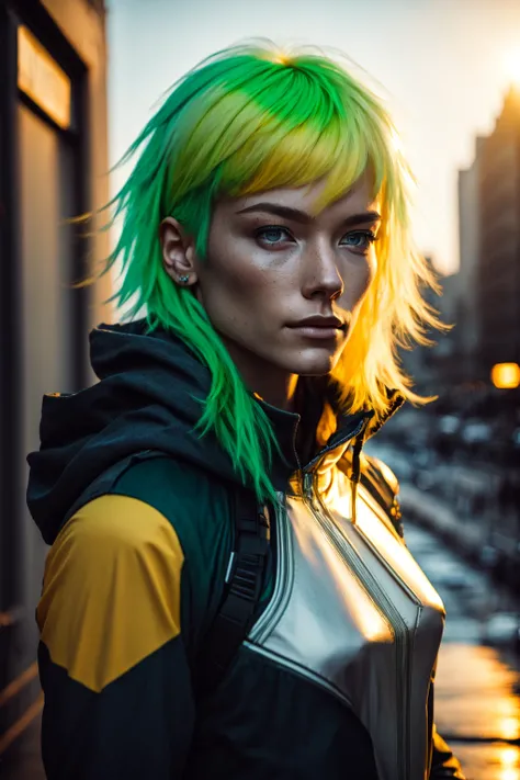 1girl, solo, green and yellow body suit, multicolored hair, white hair, auburn hair, two-tone hair,ombre , Rogue of the X-men, Anna Lebeau, bangs, hood, side lighting, skiny skin, superhero, wind swept hair, rim lighting, side lighting, (detailed eyes), detailed hair, detailed face, dynamic angle, wide shot, upper body, city scape, extreme light and shadow, depth of field, night sky