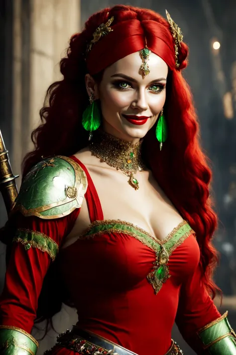 masterpiece, best quality, 1girl, solo, breasts, green eyes, red hair, long hair, weapon, navel, lipstick, large breasts, gloves, makeup, sword, earrings, jewelry, headband, choker, cleavage, armor, lips, elbow gloves, very long hair, red lips, smile, holding, detailed eyes, detailed face, looking at viewer