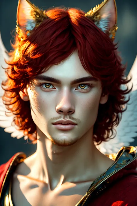 Realism, (masterpiece, best quality, ultra-detailed, highres, best illustration),perfect face, ((solo, solo focus)),sidelighting, lustrous skin,(bloom), (shine), ray tracing,solo,solo,animal ears, 1boy, solo, male focus, red eyes , looking at viewer,, red hair,wings, lips,cat ears,depth_of_field,very detailed background,extreme light and shadow,(detailed eyes), (beautiful) beautiful detailed eyes, perfect lighting , perfect anatomy,(extremely detailed illustrated 8k wallpaper),(masterpiece), (best quality), (ultra-detailed), (best illustration),(best shadow) , vivid colors,