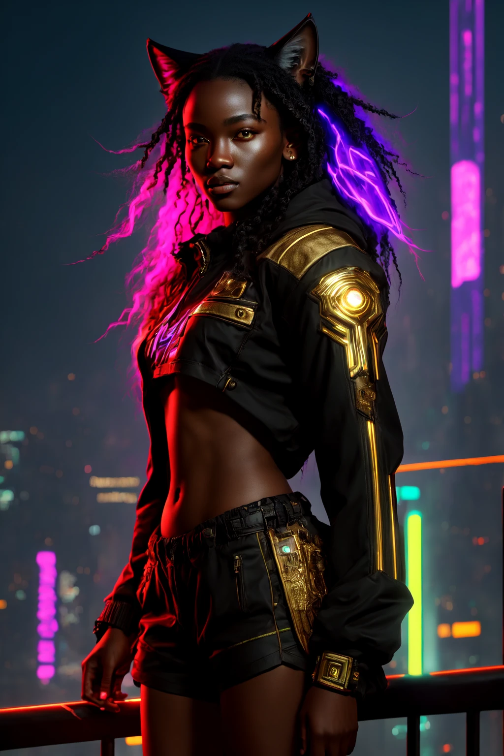 (highres:1.1), best quality, (masterpiece:1.3), beautiful lighting, intricate (high detail:1.2), 1girl, wolf ears, gold eyes, smug, dark skin female, neon trim, long long hair, t-shirt, open jacket, neon trim shorts, messy hair, black hair, science fiction, cyberpunk, balcony, cityscape, beautiful night sky, contrapposto, cowboy shot, dark lighting, cel shading,{specular highlights : beautiful lighting : volumetric lighting},