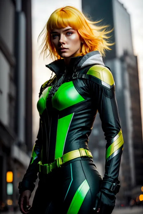 1girl, solo, green and yellow body suit, multicolored hair, white hair, auburn hair, two-tone hair,ombre , Rogue of the X-men, Anna Lebeau, bangs, hood, side lighting, skiny skin, superhero, wind swept hair, rim lighting, side lighting, (detailed eyes), detailed hair, detailed face, dynamic angle, wide shot, upper body, city scape, extreme light and shadow, depth of field, night sky