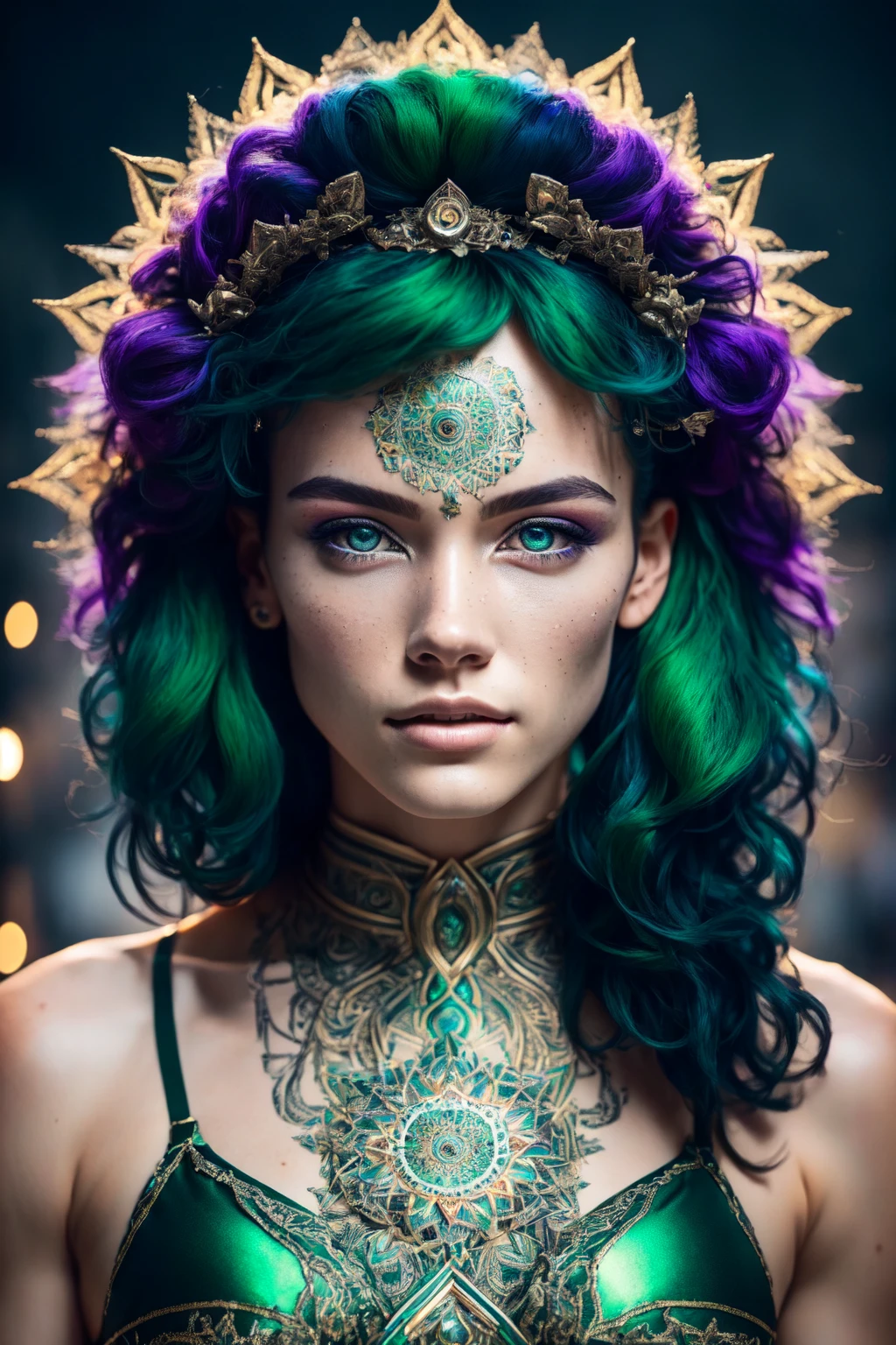 (masterpiece, best quality, ultra-detailed, highres, best illustration),1boy, solo,(male focus:0.8), transgender male, (masculine:0.7), , two tone hair,red hair, green hair, short hair, heterochromia, purple eyes ,side lighting, lustrous skin,(shine), (shiny skin), ray tracing, bikini, sexy, large breasts, wind swept hair, detailed hair, detailed face, ,depth_of_field,very detailed background,extreme light and shadow,(detailed eyes) , perfect anatomy, (zentangle, mandala, tangle, entangle), dynamic angle, wide shot, upper body, city scape, extreme light and shadow, night sky
