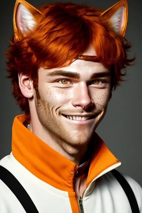 cat ears, 1boy, male focus, solo, smile, orange eyes, freckles, auburn hair, thick eyebrows, looking at viewer, choker, headband, grin, jacket