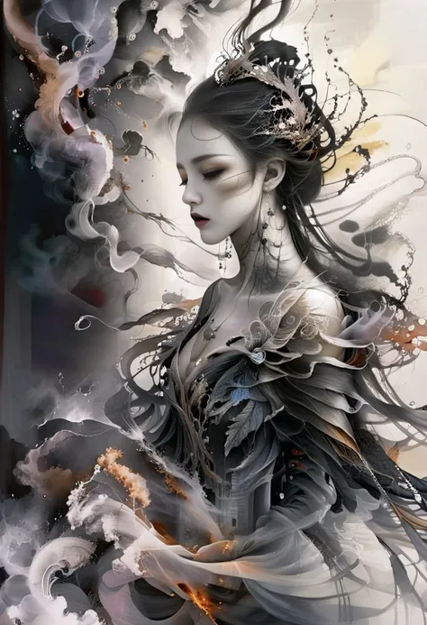 Gothic style famous artwork by (julie baroh:1.2),(dramatic scene:1.1),(fractal art:1.1),fantasy style,dynamic angle,
enenra,formless mist like creature,made of smoke and vapor,transluscent,transparent,uncorporeal,humanoid shape in the smoke,glowing radiant presence,mystical ephemeral appearance,fog,ghostly apparitions,Bored,A slack jaw,drooping eyelids,and a slightly uninterested gaze.,
<lora:add-detail-xl:3 >,. Dark,mysterious,haunting,dramatic,ornate,detailedchinese ink,<lora:lora:0.8>,<lora:colorful-inkpainting:0.5>,colorful inkpainting,<lora:openjourneyLora:1>,<lora:DarkGrimFantasyXL:0.5>,
