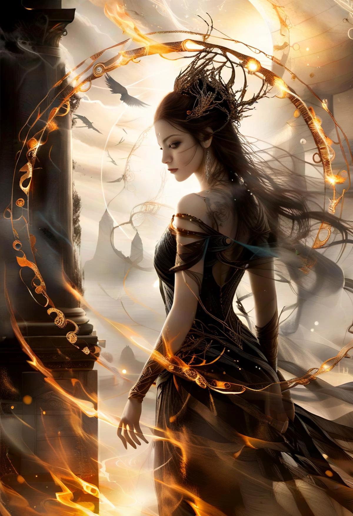 Professional photograph of a dark,ghostly female silhouette,dubbed the Messenger of the Gods,standing within an ancient runic circle that hums with elemental power. Her skin,visible beneath the tatters of light,cracked armor,resembles the parched earth itselfâdeep fissures running through it,glowing faintly with an otherworldly light. A canvas hood,weathered and worn,shrouds her features,leaving only the intense glow of her eyes visible,piercing through the shadows. The runes around her crackle with energy,illuminating him with flashes of elemental symbols: fire,water,air,and earth,each adding to his aura of power. From deep within,a radiant energy pulses,casting eerie shadows and creating a bokeh blur effect around her,emphasizing the mystical force he commands. This scene captures a moment of silent intensity,as the Messenger stands ready to wield his ancient powers,a guardian of the earth's mysteries and a herald of its enduring strength.. 8k,hyper-detailed,cinematic illumination.,
<lora:add-detail-xl:3 >,<lora:lora:0.8>,<lora:colorful-inkpainting:0.5>,colorful inkpainting,<lora:openjourneyLora:1>,<lora:DarkGrimFantasyXL:0.5>,<lora:goodhands_Beta_Gtonero:1.9>,