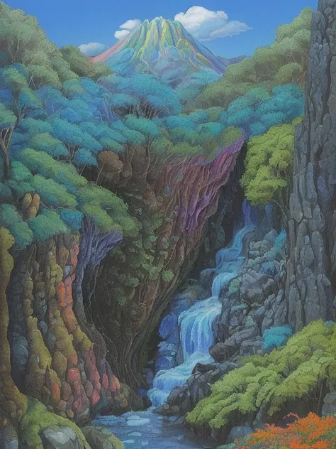 Detailed psychedelic illustration, <lora:Morph_style03-000003:1>,surreal morph, fantasy illustration of the waterfall, forest, black rocks, (blue sky above with an iridescent perlish clouds),  <lora:Morph_style03-000027:0.7>, subdued colors, manuscript style, bloom effect, vintage texure, haze removal