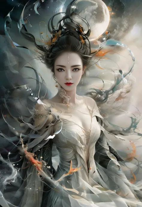 ethereal fantasy concept art of famous artwork by (vincent chong:1.1) and (cliff nielsen:1.4) and (mark pole:1.1) and (arthur suydam:1.4),(dramatic scene:1.1),(fractal art:0.6),fantasy style,dynamic angle,
female banshee,transluscent ethereal otherworldly unnatural nebulous incorporeal phantasmal nebulous vaporous phantasmal ghostly soul specter,long flowing silver hair,pale white lucid skin,grayish tattered gown,hands with claws,dim eyes,mourning expression,eerie,stygical,floating,gliding,omen of death,benevolent Teasing,A playful smirk,a raised eyebrow,and a hint of dominance.,
. magnificent,celestial,ethereal,painterly,epic,majestic,magical,fantasy art,cover art,dreamy,
<lora:add-detail-xl:3 >,<lora:lora:0.8>,<lora:colorful-inkpainting:0.5>,colorful inkpainting,<lora:openjourneyLora:1>,<lora:DarkGrimFantasyXL:0.5>,