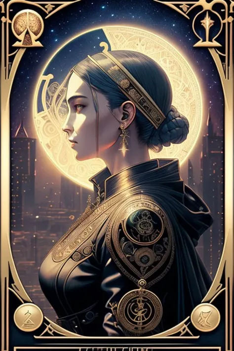 <lora:openjourneyLora_v1:1>| ((tarot card with intricate detailed frame around the outside)) |side profile of cyberpunk head with large moon in background| cyberpunk | styled in Art Nouveau | insanely detailed | embellishments | high definition | concept art | digital art | vibrant