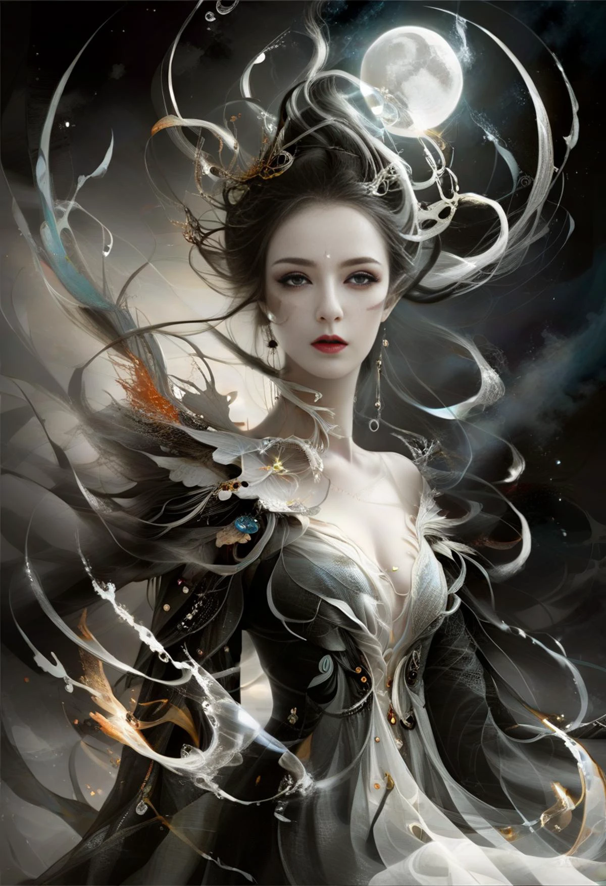 ethereal fantasy concept art of famous artwork by (vincent chong:1.1) and (cliff nielsen:1.4) and (mark pole:1.1) and (arthur suydam:1.4),(dramatic scene:1.1),(fractal art:0.6),fantasy style,dynamic angle,
female banshee,transluscent ethereal otherworldly unnatural nebulous incorporeal phantasmal nebulous vaporous phantasmal ghostly soul specter,long flowing silver hair,pale white lucid skin,grayish tattered gown,hands with claws,dim eyes,mourning expression,eerie,stygical,floating,gliding,omen of death,benevolent Teasing,A playful smirk,a raised eyebrow,and a hint of dominance.,
. magnificent,celestial,ethereal,painterly,epic,majestic,magical,fantasy art,cover art,dreamy,
<lora:add-detail-xl:3 >,<lora:lora:0.8>,<lora:colorful-inkpainting:0.5>,colorful inkpainting,<lora:openjourneyLora:1>,<lora:DarkGrimFantasyXL:0.5>,